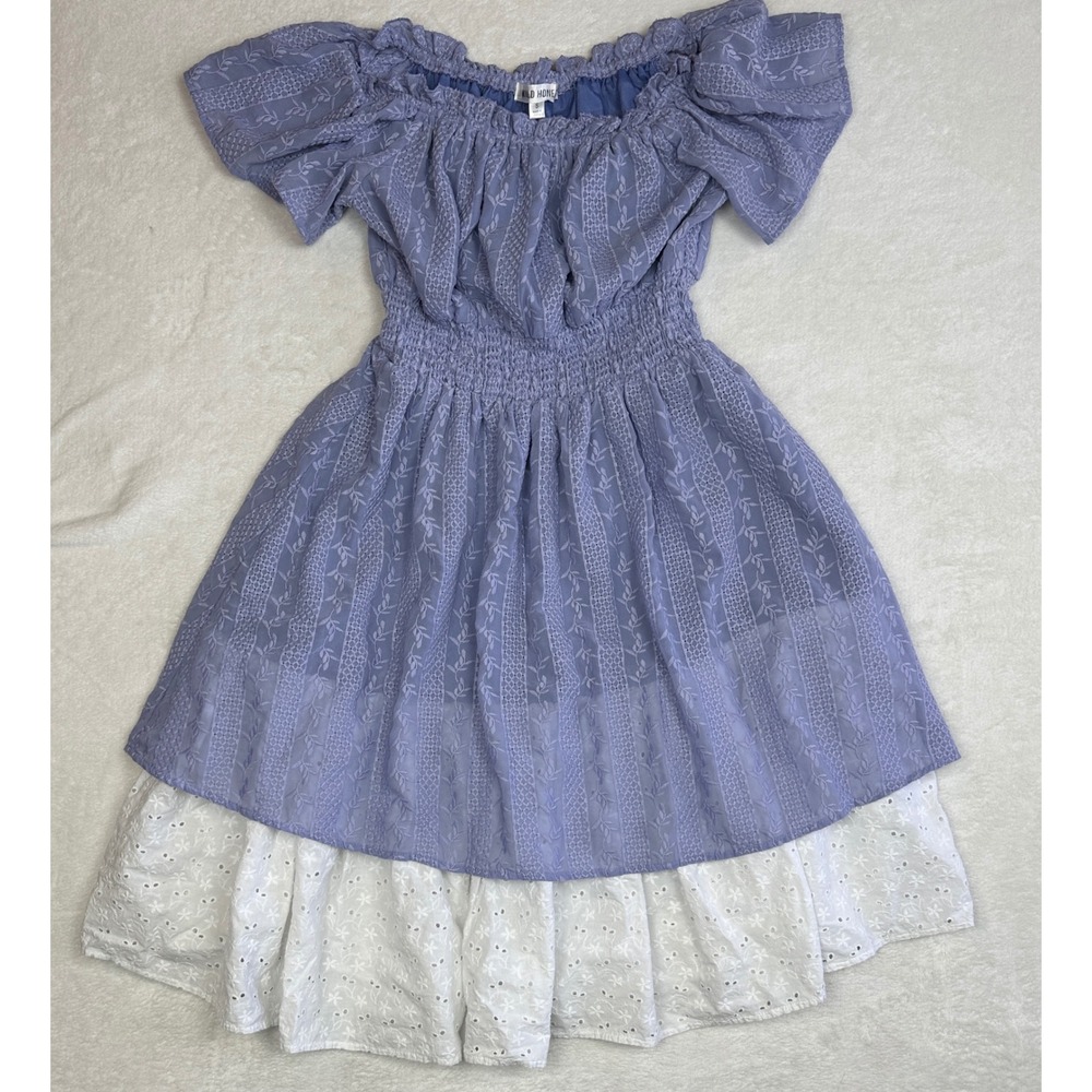 Wild Honey Lavender Floral Lace Eyelet Hem Smocked Off Shoulder Mini Dress Small